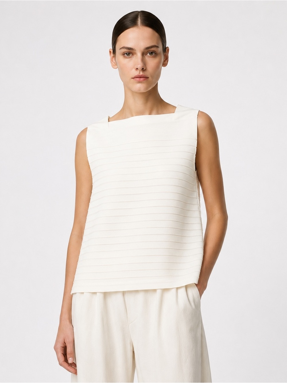 Issey Miyake Ivory Ribbed Sleeveless Boat Neck Top Size 2
